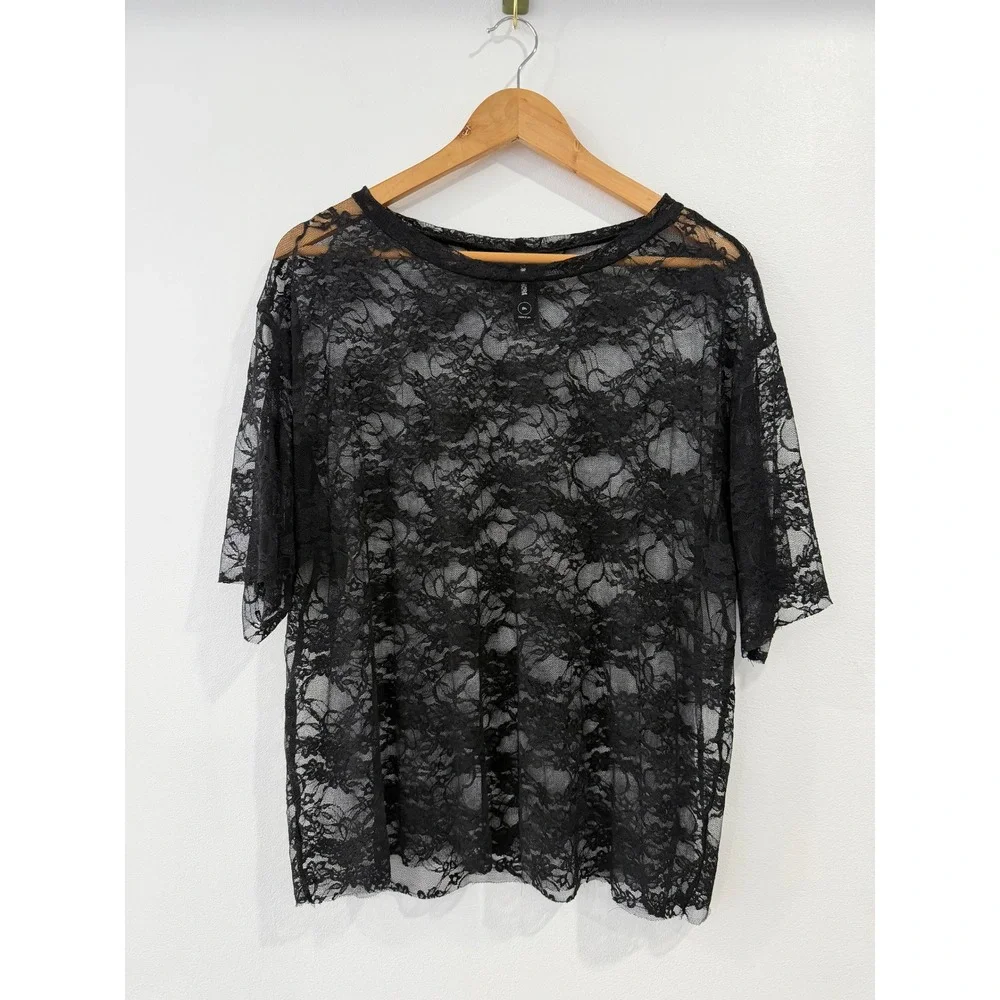 Agnes & Dora Black Floral Lace Sheer Short Sleeve Top Medium